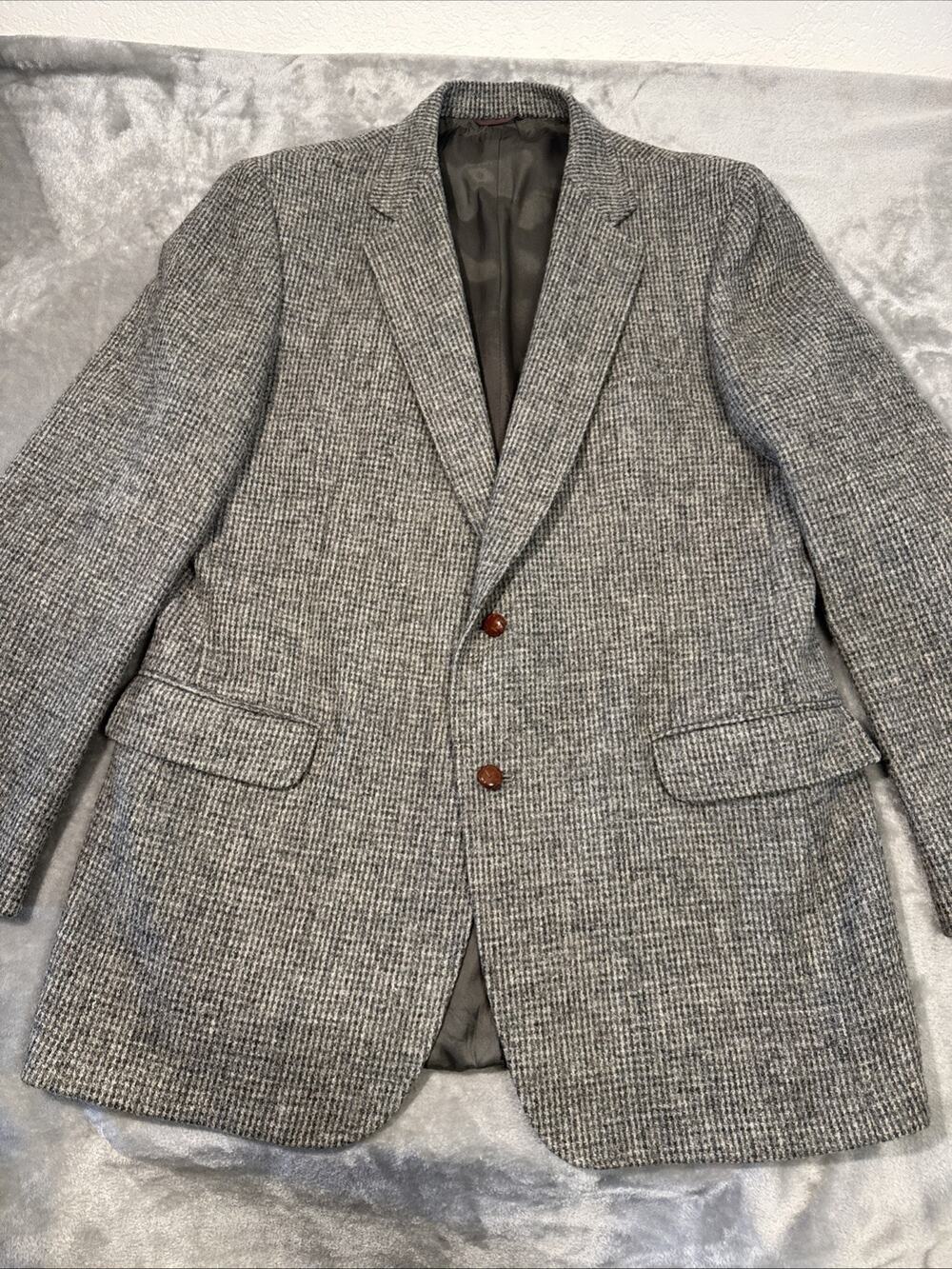 SCOTT RITCHIE HARRIS TWEED 2 Button 100% Wool Gray Glen Plaid Blazer Sz 44